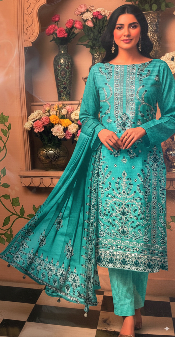PREMIUM DHANAK|3PCS UNSTITCHED| HEAVY EMBROIDERY|CODE 26|