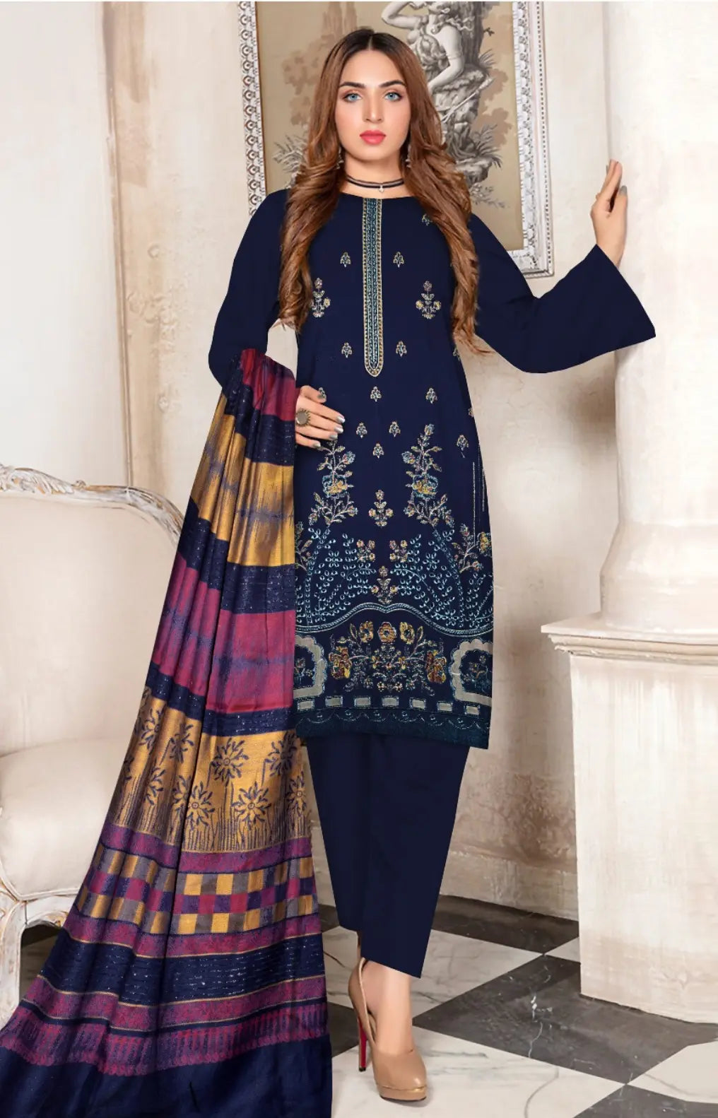 DHANAK MARINA|3PCS UNSTITCHED|HEAVY EMBRODERY|CODE 9|