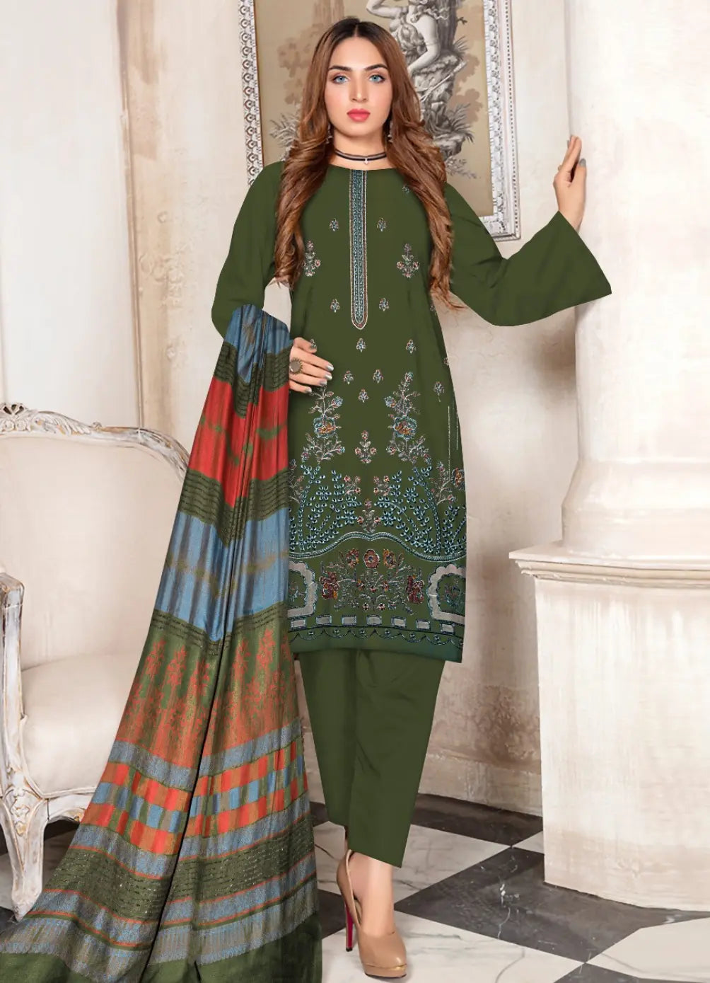 DHANAK MARINA|3PCS UNSTITCHED|HEAVY EMBRODERY|CODE 11|