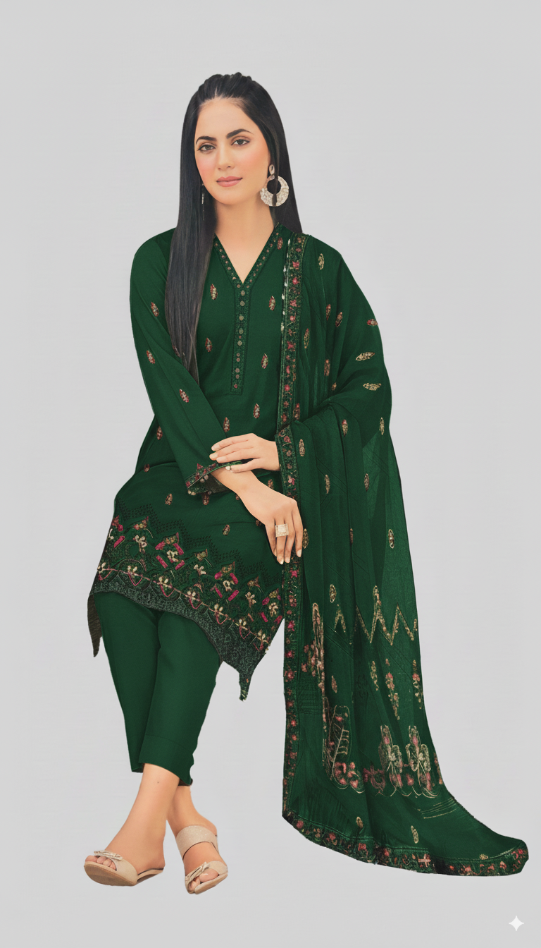 ABRU DHANAK BANADORA|3PCS UNSTITCHED|HEAVY EMROIDERY|CODE 32|