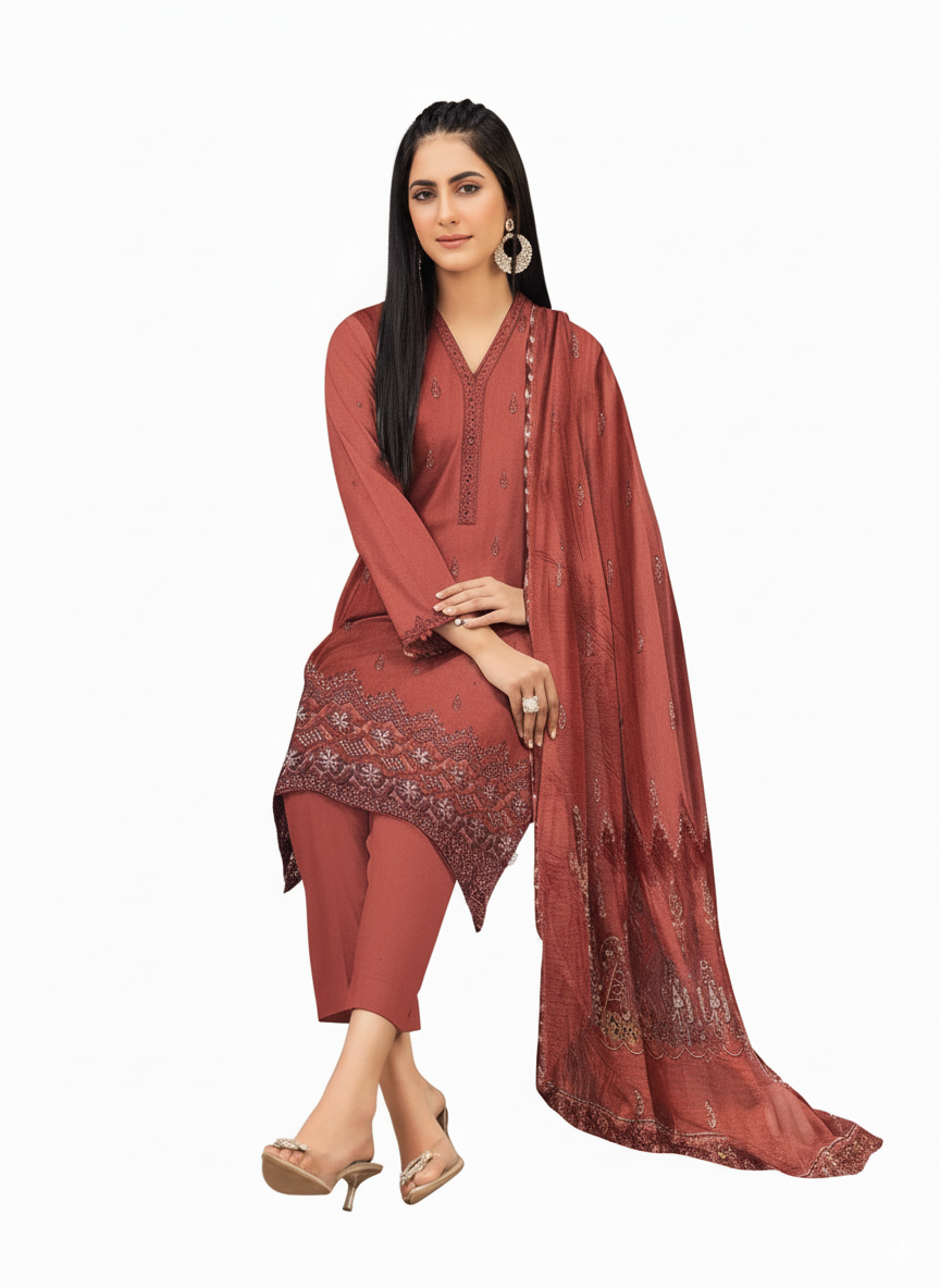 ABRU DHANAK BANADORA|3PCS UNSTITCHED|HEAVY EMROIDERY|CODE 33|
