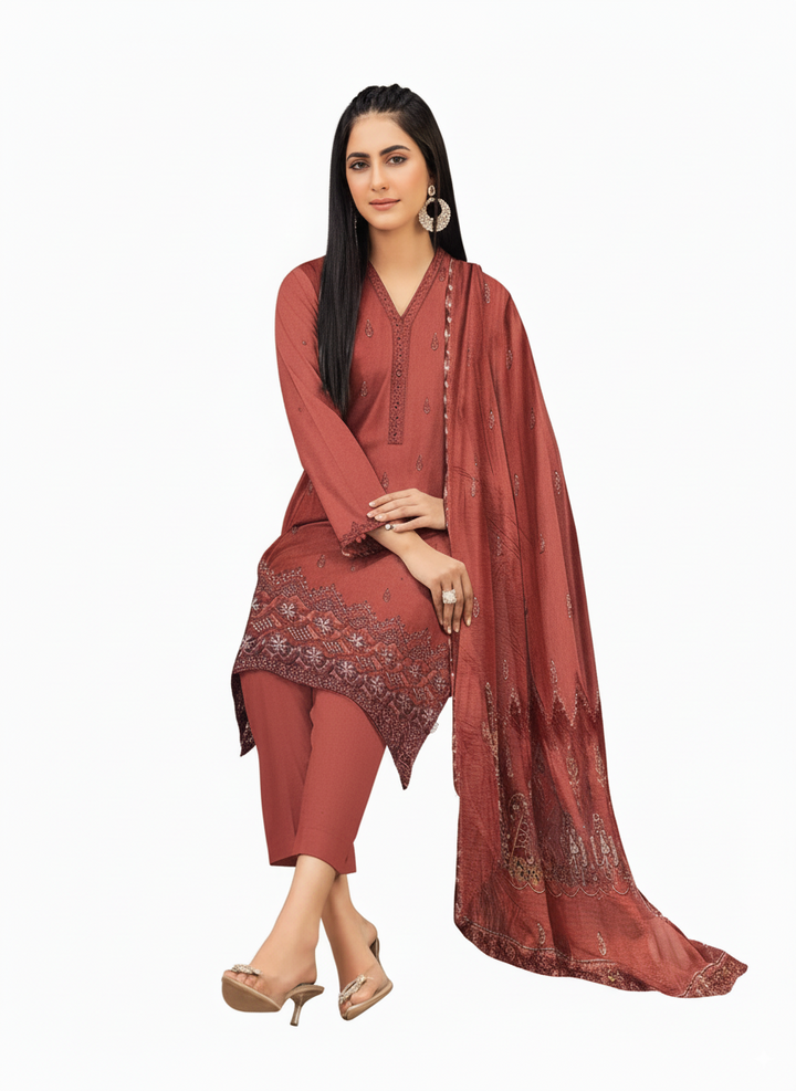 ABRU DHANAK BANADORA|3PCS UNSTITCHED|HEAVY EMROIDERY|CODE 33|
