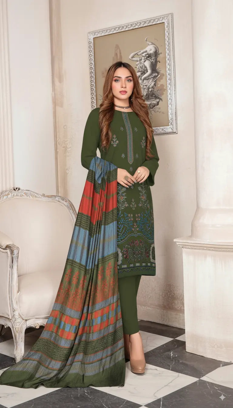 DHANAK MARINA|3PCS UNSTITCHED|HEAVY EMBRODERY|CODE 11|