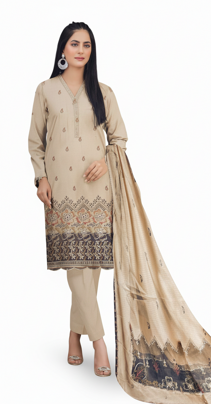 ABRU DHANAK BANADORA|3PCS UNSTITCHED|HEAVY EMROIDERY|CODE 35|