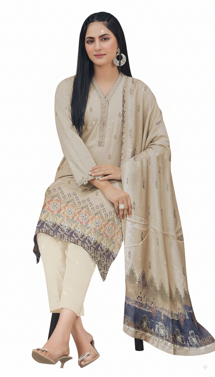 ABRU DHANAK BANADORA|3PCS UNSTITCHED|HEAVY EMROIDERY|CODE 35|