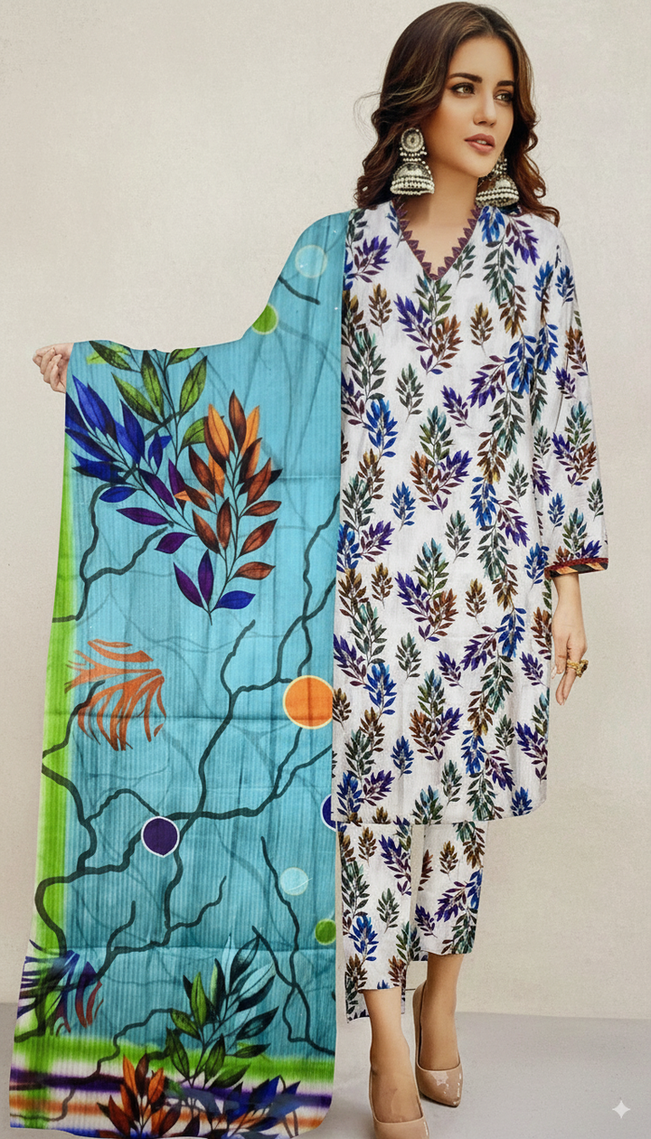 WHITE SPECIAL LEATHER DORA|KINZA FABRICS|3 PCS|DIGITAL PRINTED| CODE 39|