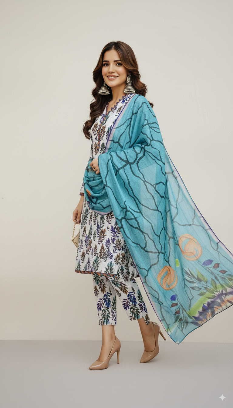 WHITE SPECIAL LEATHER DORA|KINZA FABRICS|3 PCS|DIGITAL PRINTED| CODE 39|