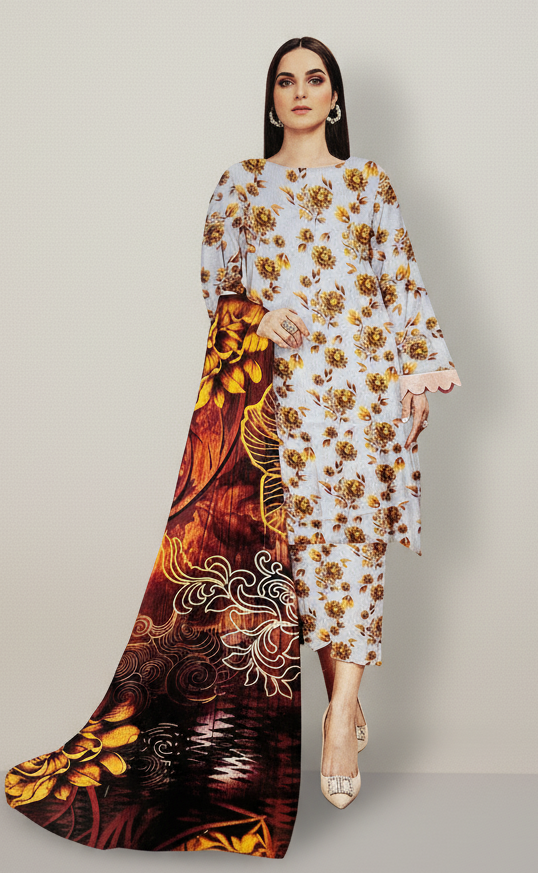 WHITE SPECIAL LEATHER DORA|KINZA FABRICS|3 PCS|DIGITAL PRINTED| CODE 41|