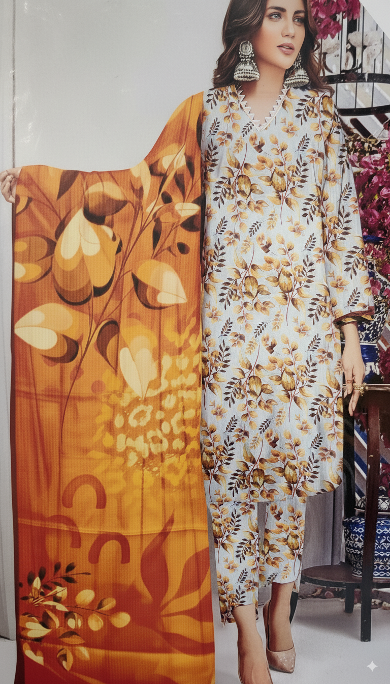 WHITE SPECIAL LEATHER DORA|KINZA FABRICS|3 PCS|DIGITAL PRINTED| CODE 43|